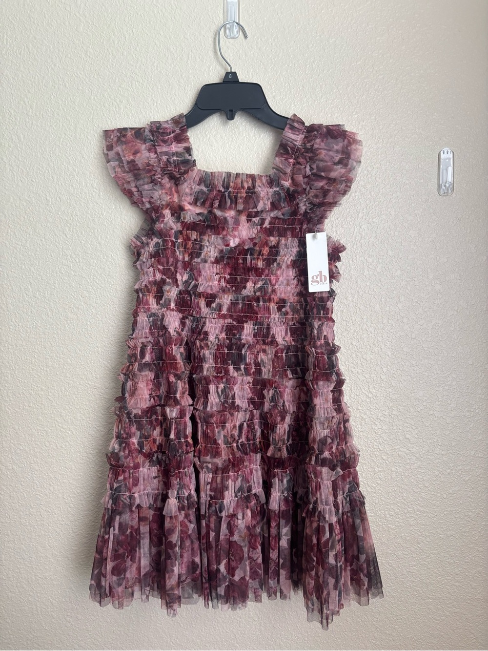 Gianni Bini Girls Pink and Burgundy Floral Ruffle Chiffon Dress-NWT